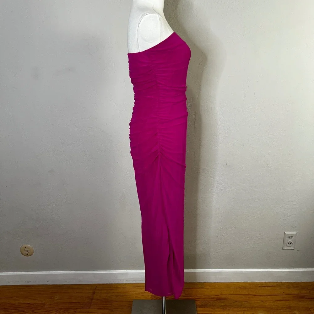 Lulus Strapless Ruched Mesh Maxi Dress Fuchsia‎ Pink Pull On Size Medium M